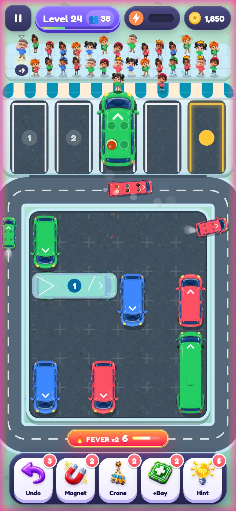 Bus Blitz+ level 24: passengers queue at the station above five bays and a parking lot of colourful vans and buses.